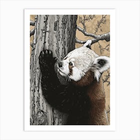 Red Panda Scratching Against A Tree Ink Illustration 4 Art Print