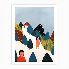 Mountains, Tiny People And Illustration 3 Art Print