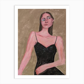 A woman in a black dress on a beige background Art Print