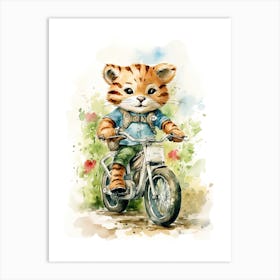 Tiger Illustration Biking Watercolour 2 Art Print