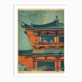 Tourists Visiting A Traditional Japanese Castle Mid Century Modern Art Print