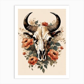 Vintage Boho Bull Skull Flowers Painting (41) Art Print
