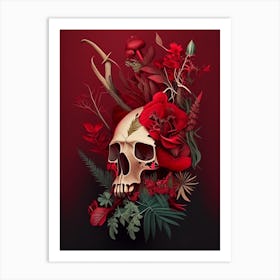 Animal Skull Red Botanical Art Print