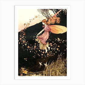 The Autumn Fairy by Ida Rentoul Outhwaite - 1919 Fairyland Famous Vintage Illustration Witchy Fairycore Cottagecore Beautiful Fall Leaves Fairy Scattering Magic Art Print