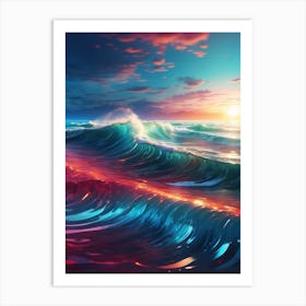 Ocean Waves At Sunset Print Art Print