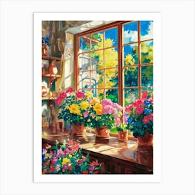 Anime Canvas Art: Sunlit Rustic Kitchen with Vibrant Potted Flowers, Wooden Textures, and Garden View, Perfect for Lofi Aesthetic and Nature-Inspired Decor Fans. Art Print