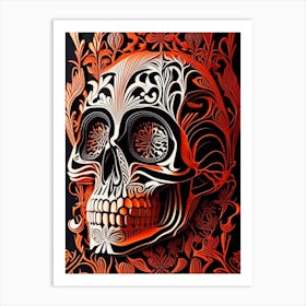 Skull With Intricate Linework 1 Orange Linocut Art Print