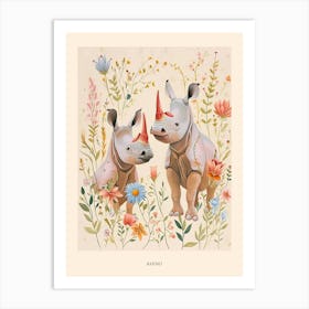 Folksy Floral Animal Drawing Rhino Poster Art Print