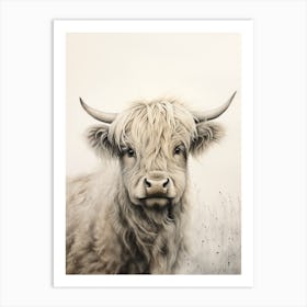 Black & White Ink Painting Of Highland Cow 3 Art Print