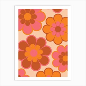 Retro Flowers Brown & Pink Art Print