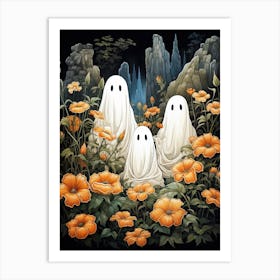 Cute Bedsheet Ghost, Botanical Halloween Watercolour 86 Art Print