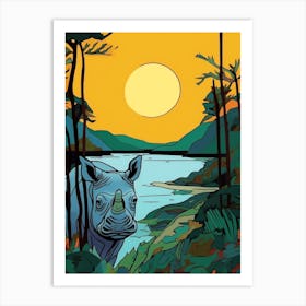 Geometric Rhino Line Illustration By The River 2 Art Print