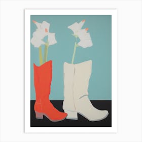 A Painting Of Cowboy Boots With White Flowers, Pop Art Style 8 Art Print