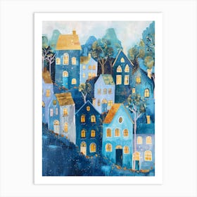 Blue Houses At Night 1 Art Print