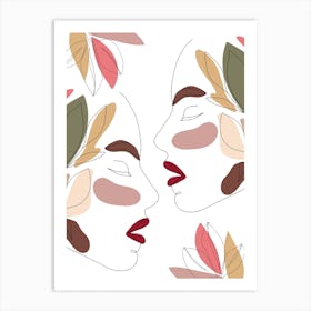 Minimal Line Art Kissing Floral Women Art Print