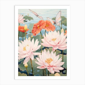 Butterflies & Waterlilies Japanese Style Painting 2 Art Print