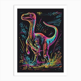 Neon Rainbow Dinosaur Line Illustration With Black Background 2 Art Print