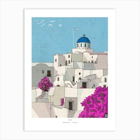 Oia Santorini Greece Art Print - Whimsical Wall Art - Santorini Travel Illustration Gift Art Print