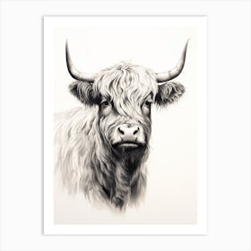 Black & White Ink Painting Of Highland Cow 8 Art Print