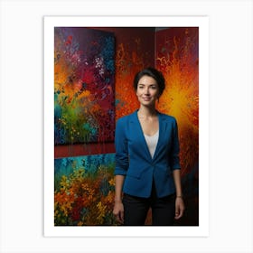 Woman Stands In Front Of Colorful Paintings Art Print