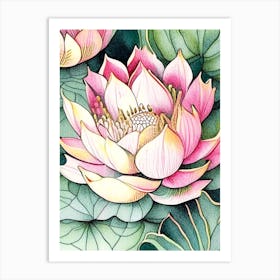 Lotus Flower Repeat Pattern Watercolour Ink Pencil 1 Art Print