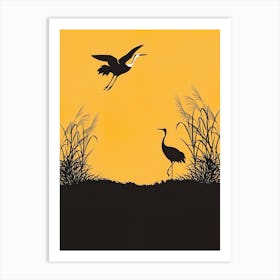 Silhouette Of bird and flamingo Art Print