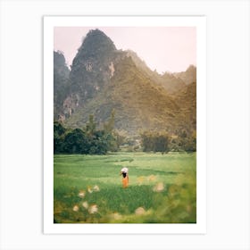 Girl In Asia In A Field Against The Backdrop Of Mountains Oil Painting Landscape Art Print