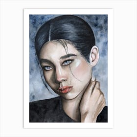 Watercolor portrait of an Asian woman with blue eyes Art Print