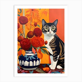 Forget Me Not Flower Vase And A Cat, A Painting In The Style Of Matisse 1 Art Print