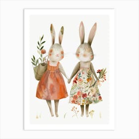 Two Bunnies Holding Flowers Art Print