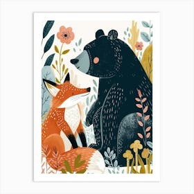 American Black Bear And A Fox Storybook Illustration 3 Art Print