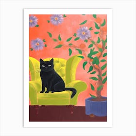 Black Cat Sitting In A Small Yellow Sofa Art Print