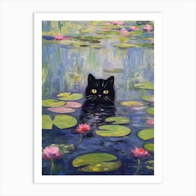 Water Lilies And A Black Cat Inspired By Monet 3 Art Print
