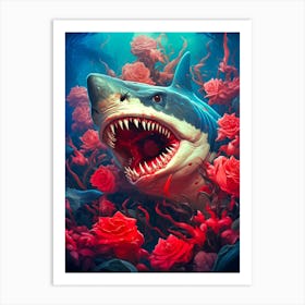 Shark With Roses Art Print