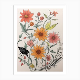 Crow And Flowers Art Print