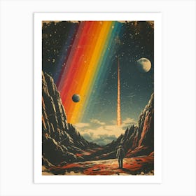 Space Odyssey: Retro Poster featuring Asteroids, Rockets, and Astronauts: Rainbows In The Sky Art Print