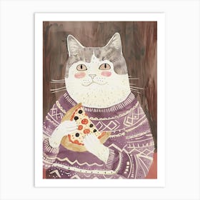 Grey And White Cat Pizza Lover Folk Illustration 2 Art Print
