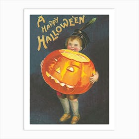 Happy Halloween, Little Boy With A Big Orange Pumpkin Art Print