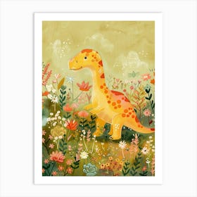 Cute Dinosaur In A Meadow Storybook Painting 3 Art Print