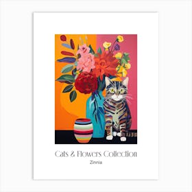 Cats & Flowers Collection Zinnia Flower Vase And A Cat, A Painting In The Style Of Matisse 1 Art Print