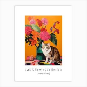Cats & Flowers Collection Gerbera Daisy Flower Vase And A Cat, A Painting In The Style Of Matisse 0 Art Print