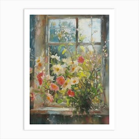 Dahlia Flowers On A Cottage Window 3 Art Print