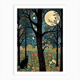 William Morris Style Cat In The Forest Art Print