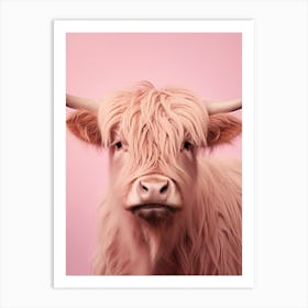 Cute Photographic Portrait Of Pastel Pink Highland Cow 1 Art Print