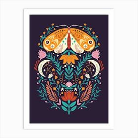 Colorful Moth With Florals On Deep Purple Art Print