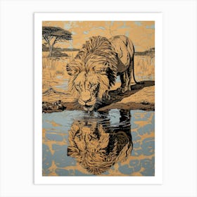African Lion Relief Illustration Drinking 3 Art Print