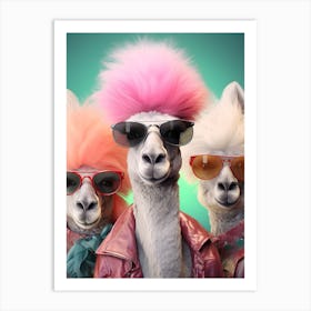 Three Lamas With Pink Hair Art Print