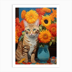 Cat With Sunflowers Art Print