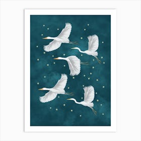 Flying Crane Birds In A Starry Sky Art Print
