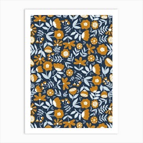 Cute Soft Scattered Scandi Florals Navy Blue, Gold Yellow, Ice Blue Art Print